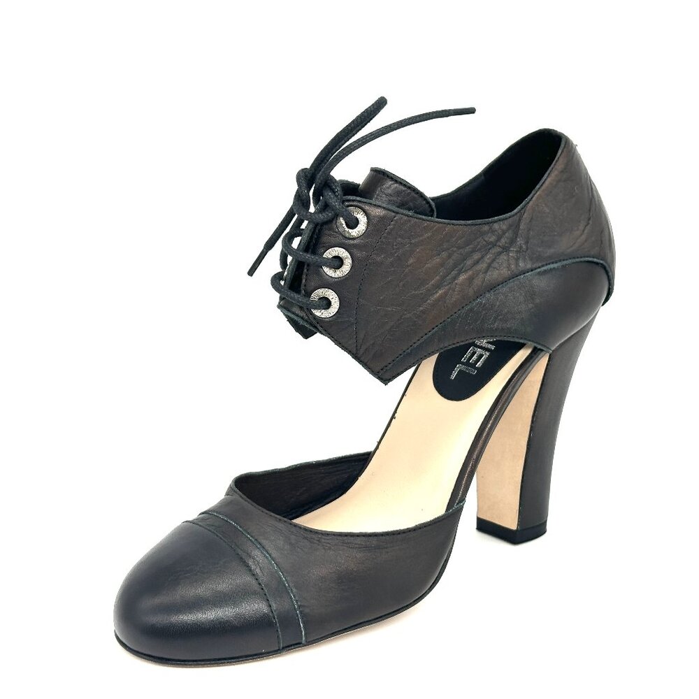 CHANEL 12C Cinema Lace Up Leather D'Orsay Pumps Sandals Shoes Heels Black - Picture 4 of 16